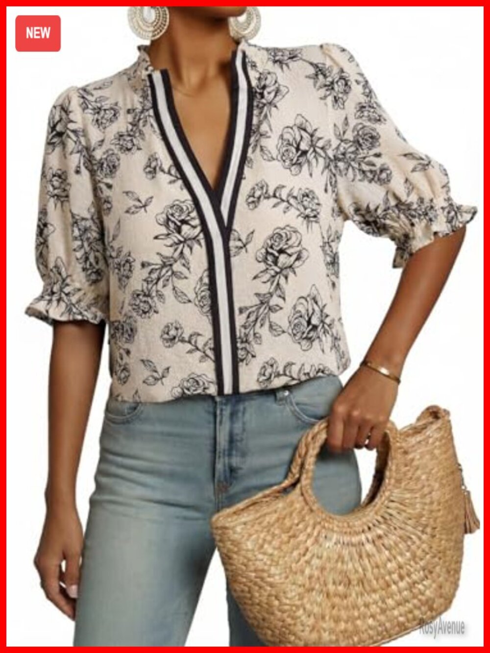 Boho Floral Ruffle V-Neck Blouse - Lightweight Stretch Top